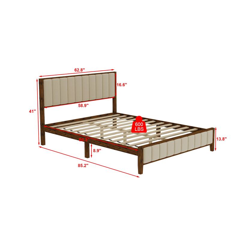 Solid Rubber Wood Platform Bed Frame with Upholstered Headboard - Queen Size Modern Bed