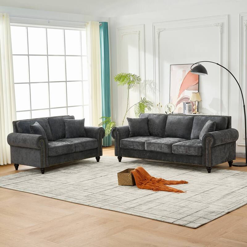 Chenille Upholstered 3 Seater Sofa, Oversized Sofa with Rolled Arms, Deep Seat Couch with Nailhead Trim & Wood Legs