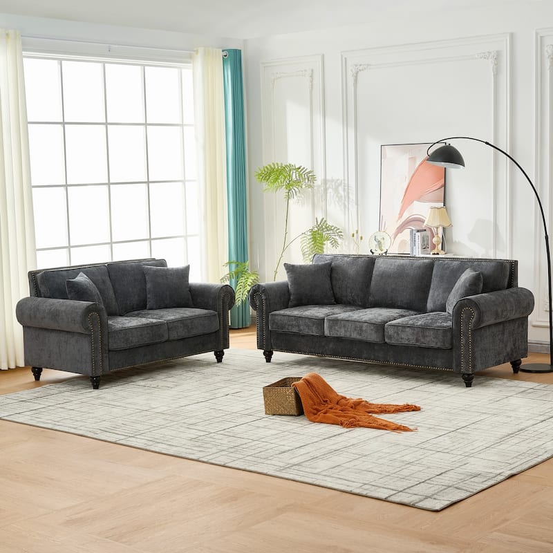 Loveseat with Rolled Armrest, Chenille Upholstered Fabric Sofa, 2-Seater Couch with Solid Wood Legs & Nailhead Trim