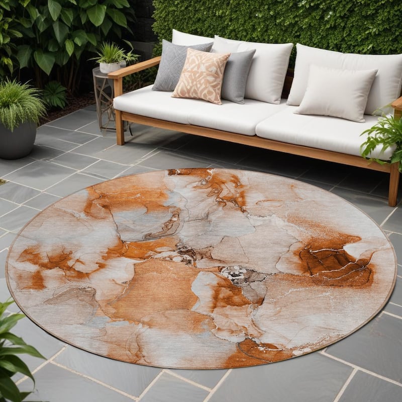 Alfimo Contemporary Abstract Weather Resistant Classic Meets Modern Round Outdoor Rug - 8' Round - 8' Round - Multi