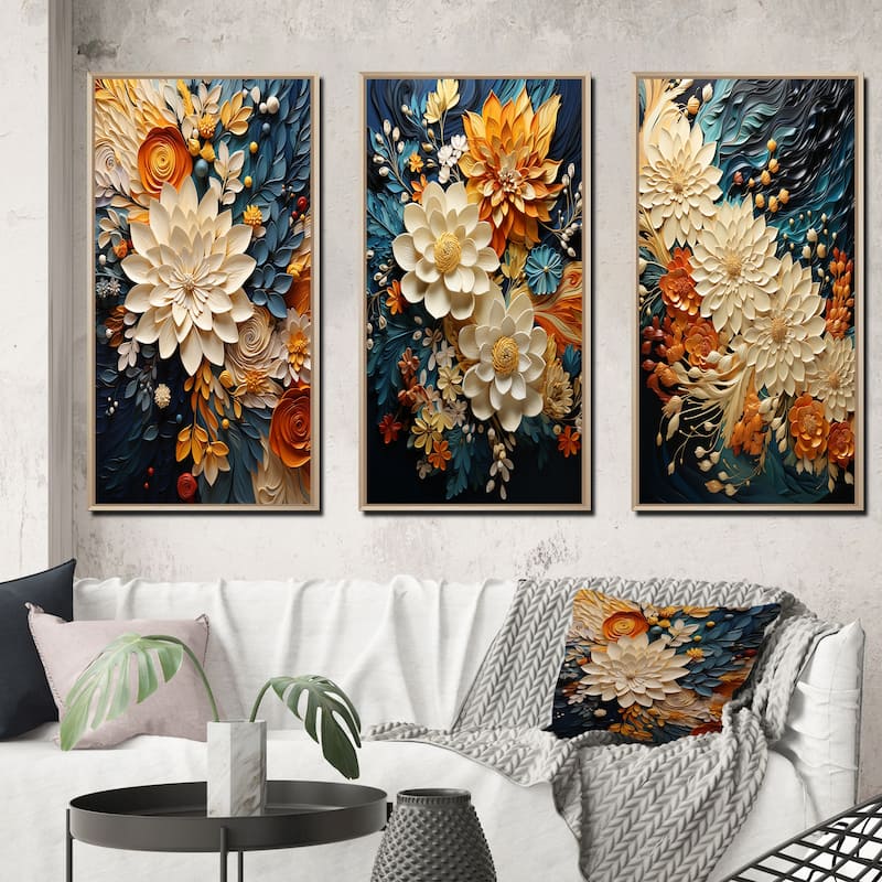 Designart "Orange Teal Botanical Whirlwind IV" Abstract Framed Wall Art Set Of 3 Frame Gallery Wall Set For Home Decor - 50 in. wide x 32 in. high - 3 Panels - Maple