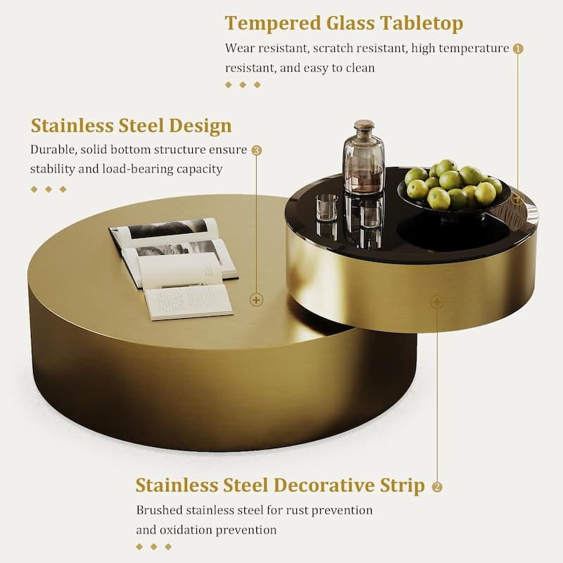 Luxury Round Coffee Table with 2 Tier Rotatable Top Circle Coffee Table with 360° Swivel Top for Living Room Apartment