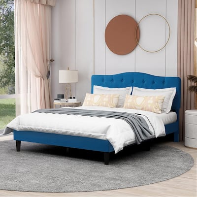 VECELO Modern Tufted Upholstered Bed Frame with Height- Adjustable Headboard,Dark Blue