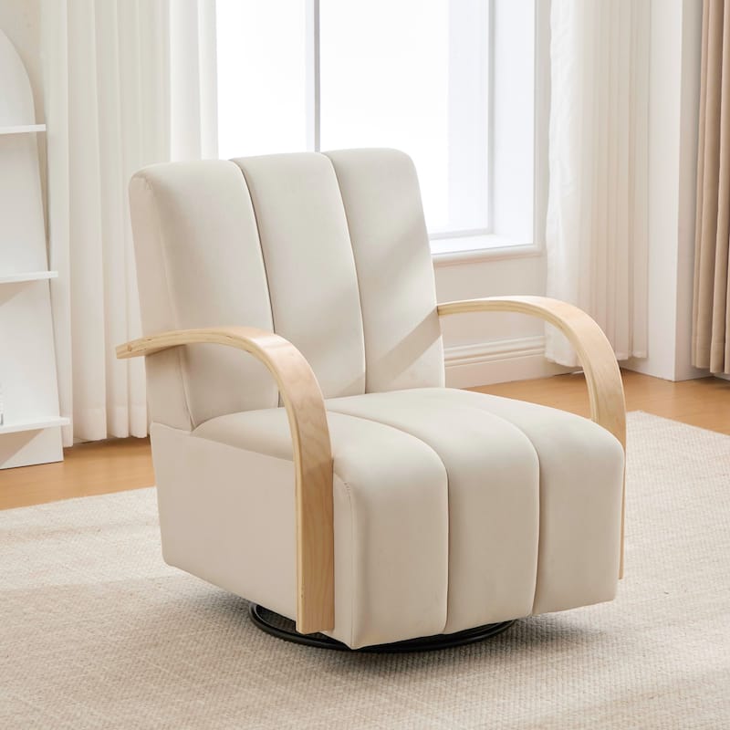 360°Swivel Accent Chair with Solid Wood Armrests, Modern Upholstered Lounge Chairs Single Sofa Reading Chair for Hotel Office - Beige - Velvet