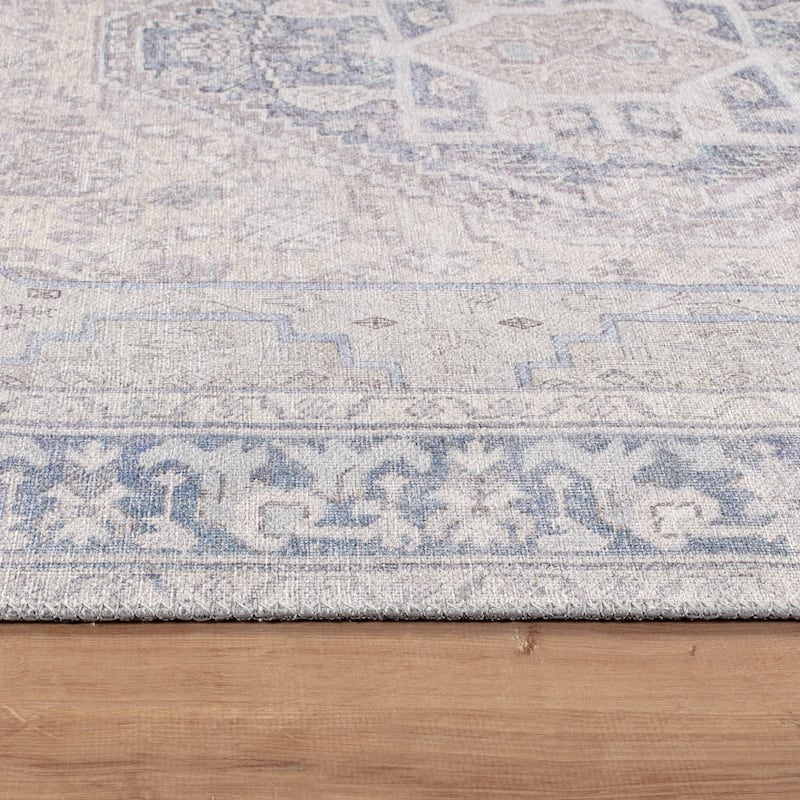 Beige Medallion Flat Pile Washable Rug - Pet Friendly, Non-Slip for Entryway and Bedroom