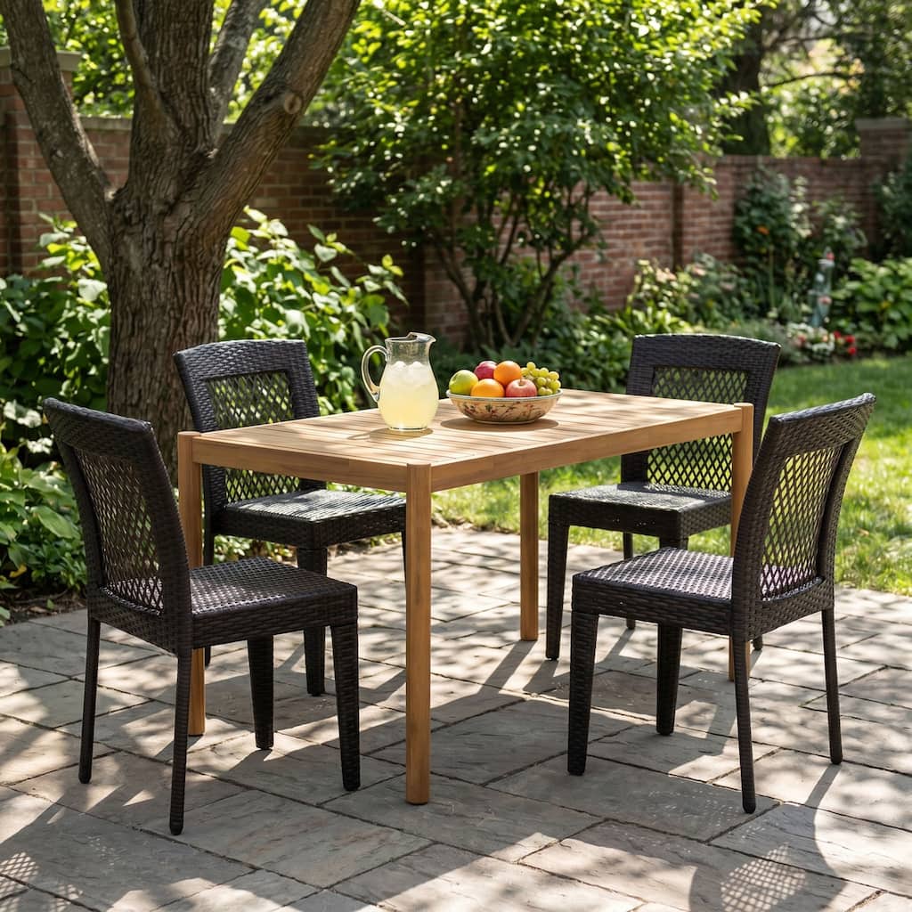 Christopher Knight Home - Cortina 5-Piece Outdoor Dining Set, Acacia Wood Slat Table with Stackable Iron & Faux Rattan Chairs