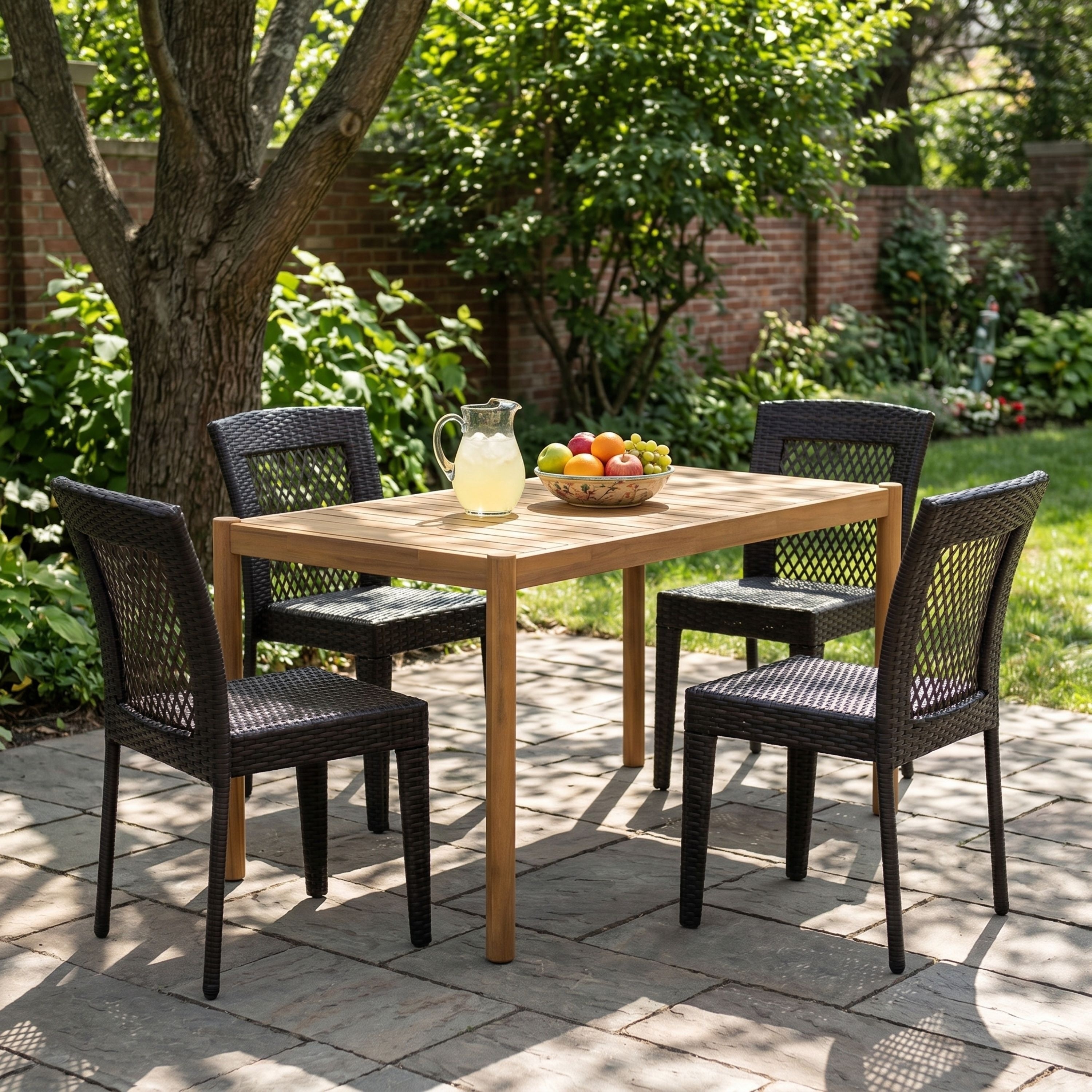 Christopher Knight Home - Cortina 5-Piece Outdoor Dining Set, Acacia Wood Slat Table with Stackable Iron & Faux Rattan Chairs