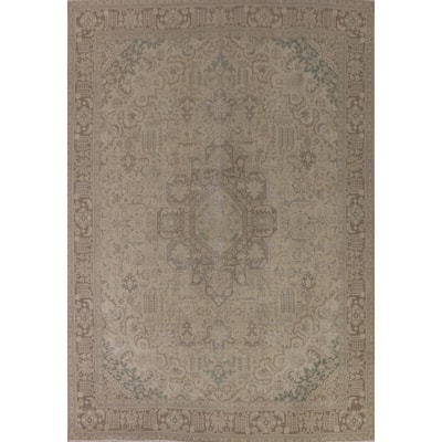 Distressed Muted Tabriz Persian Vintage Rug Handmade Wool Carpet - 9'10" x 12'8"