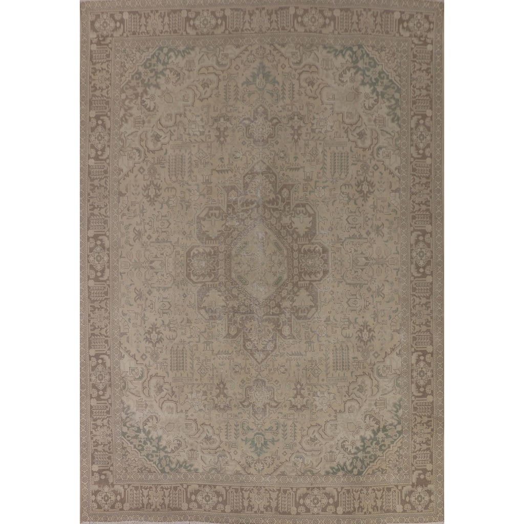 Distressed Muted Tabriz Persian Vintage Rug Handmade Wool Carpet - 9'10" x 12'8"