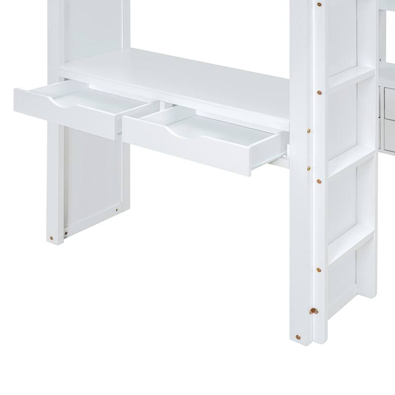 Solid Wood Loft Bed with large shelves, writing desk and LED Light for Bedroom