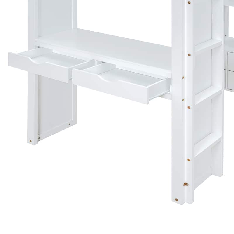 Twin Size Solid Wood Loft Bed with large shelves, writing desk and LED Light for Bedroom