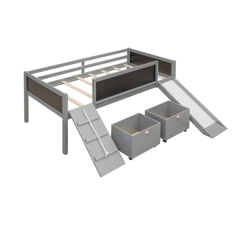 Twin size Loft Bed Wood Bed with Three Blackboards, Two Storage Boxes and A Slide, Three Colors Available