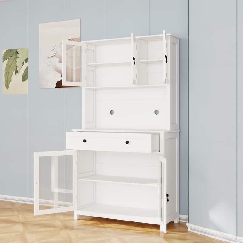 Kitchen Pantry Cabinet with 1 Large Drawer, Buffet Cabinet with Microwave Oven Countertop, Cabinet with Adjustable Shelves