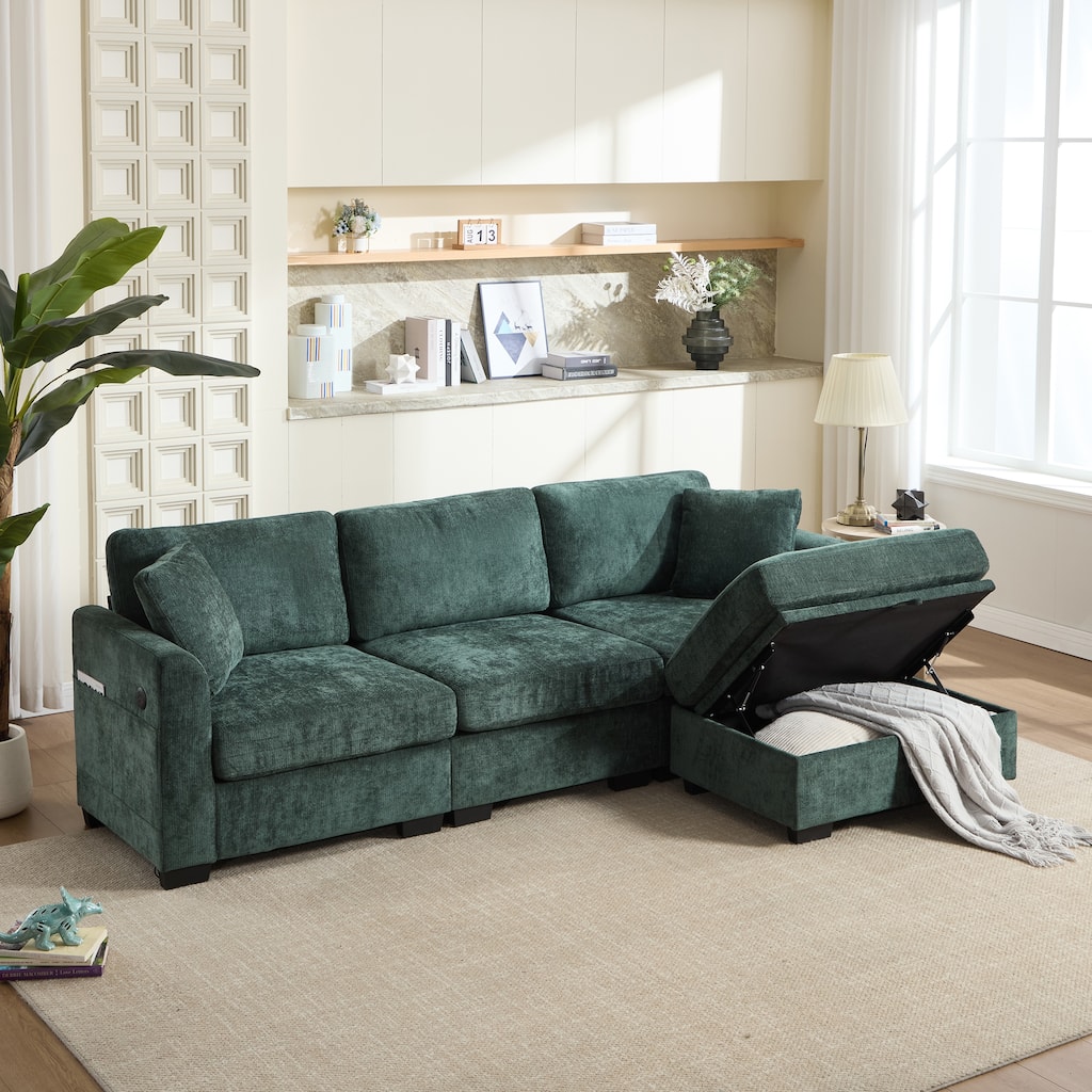 L-Shaped Modular Sectional Sofa with Storage Ottoman, 97" Chenille Corner Couch with USB Ports, Side Pockets