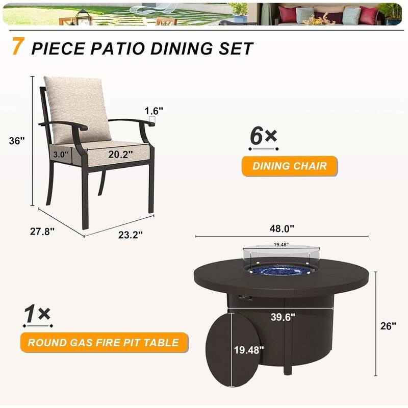 Metal 7 Piece Outdoor Dining Set with Round Fire Pit - 6Chairs + RoundFirepit