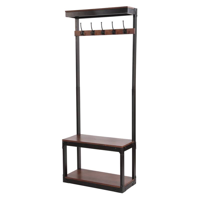 Roomfitters Industrial Hall Tree with Bench, Coat Rack with Hooks and Storage Shelf, Entryway Organizer Stand, Coffee