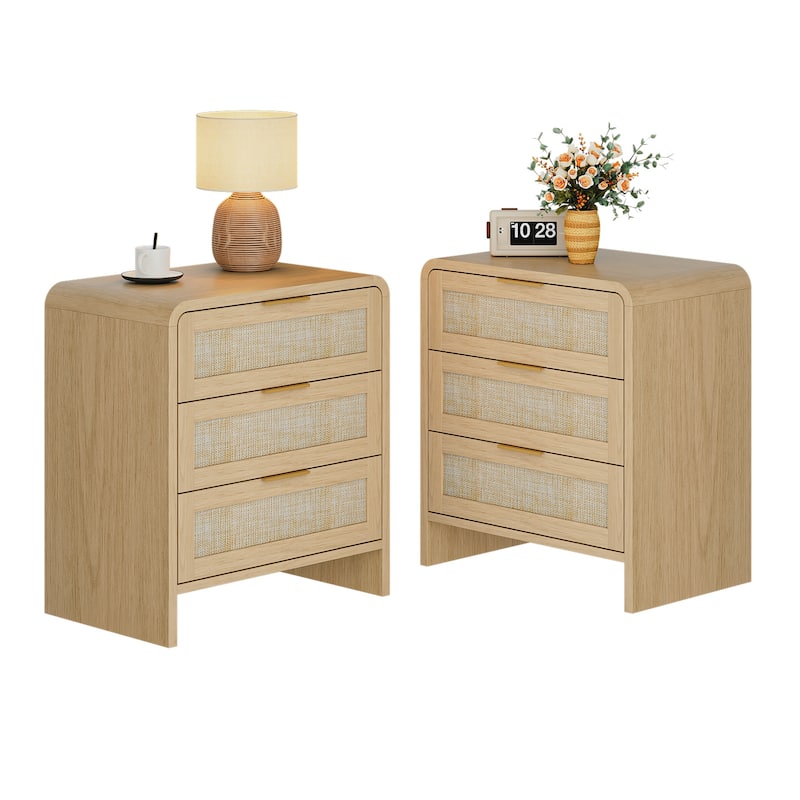 Rattan Nightstand with 3 Drawers Set of 2, 22.8" Wide Curved Wooden Bedside Table, Modern Storage for Bedroom - Oak