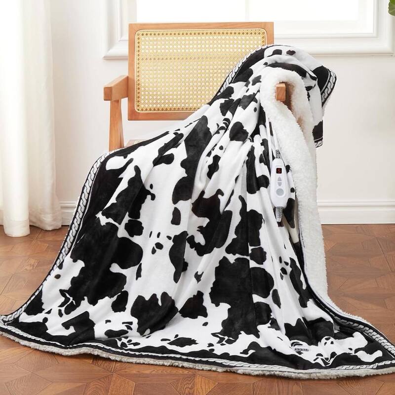 Cow Print 10 Heat Levels Electric Heating Blanket, Machine Washable, Black+White - 90"*100"