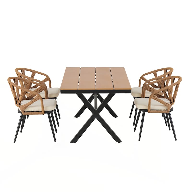 Contemporary Outdoor Set with PE Rattan Chairs and Plastic Wood Table,Suitable for Gardens and Lawns