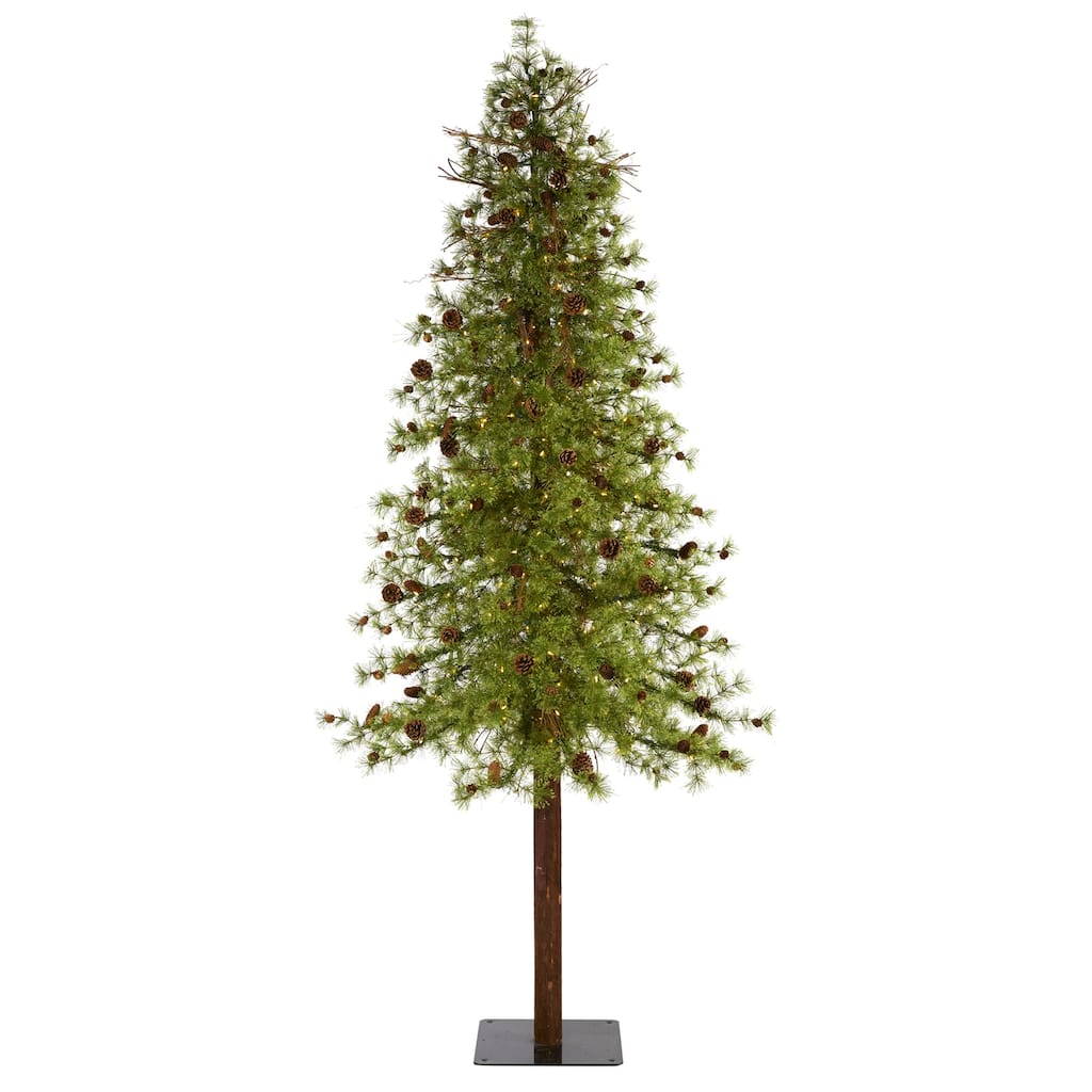 9Ft Artificial Christmas Tree with Lights & Pine Cones - Slim Alpine Holiday Decor - Green - 108