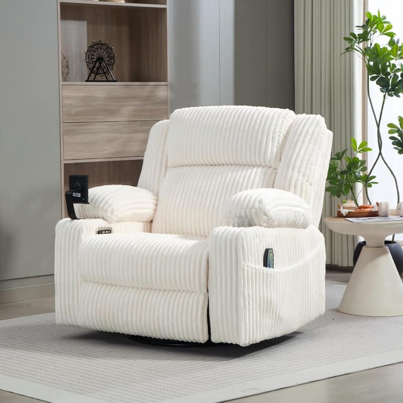 270° Swivel Velvet Recliner, Extra Wide Power Recliner Chair w/Heat Massage - USB & Type C Charging Port - White(including the phone holder and cup holder)