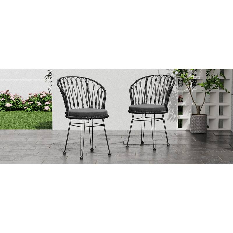 Roomfitters Set of 2 Boho Industrial Wicker Dining Chairs with Water-Resistant Cushions, Gray Rattan and Iron Hairpin Legs, Gray