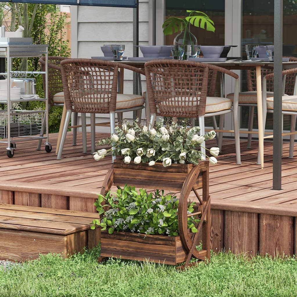 Outsunny 2-Tier Raised Garden Bed, Wooden Wagon Planter Boxes with Drainage Holes, for Vegetables Flowers Herbs