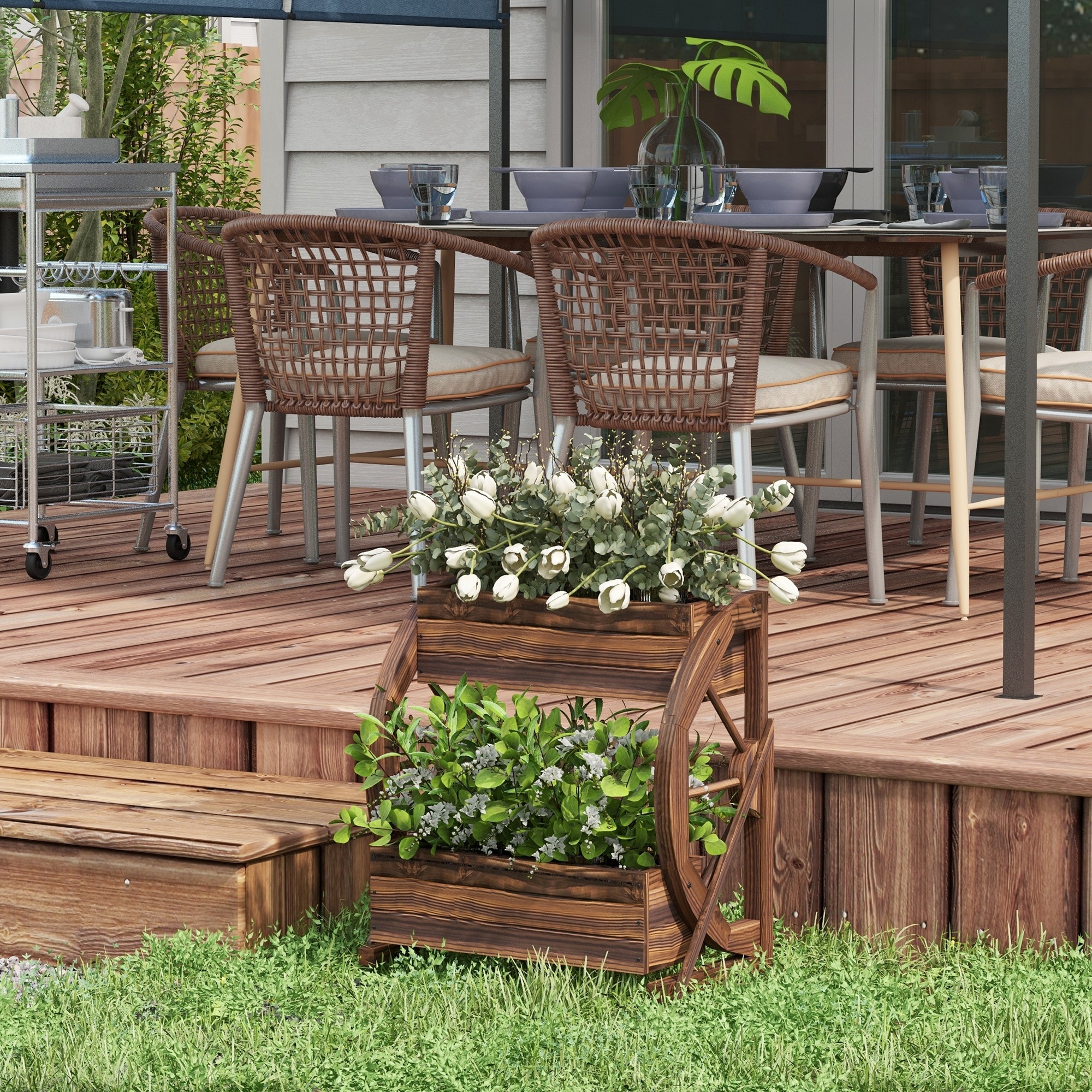 Outsunny 2-Tier Raised Garden Bed, Wooden Wagon Planter Boxes with Drainage Holes, for Vegetables Flowers Herbs