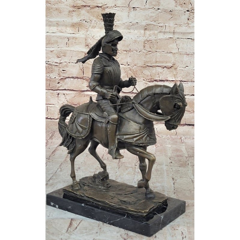 Medieval Chivalrous Knight On Imitative Horseback Bronze Sculpture Statue On Marble Base