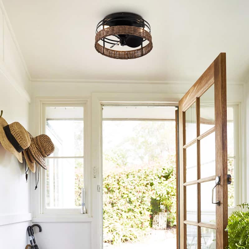 Farmhouse Black 3-Blade Rattan Small Flush Mount Ceiling Fan with Remote - 12.5-in W