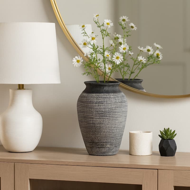 Ceramic Vase Textured Wide-Opening for Modern Decor - 16" Black - 11.75" x 11.75" x 16" - Black