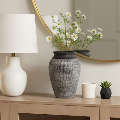 Ceramic Vase Textured Wide-Opening for Modern Decor - 16" Black