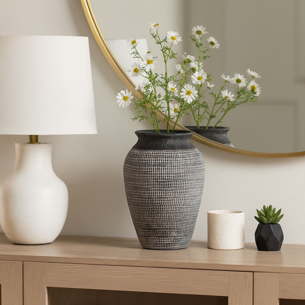 Ceramic Vase Textured Wide-Opening for Modern Decor - 16" Black