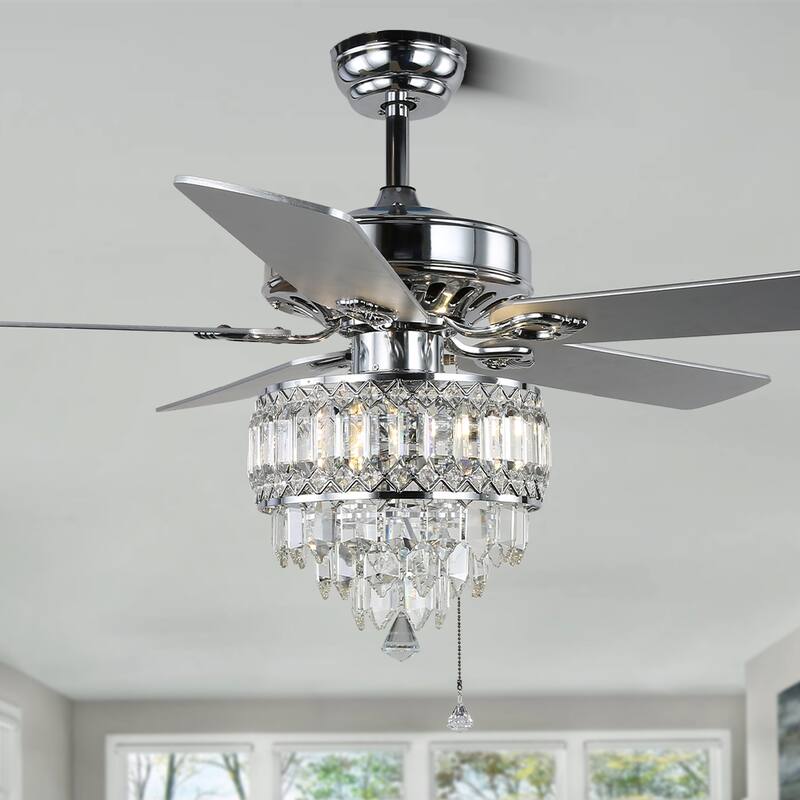 CurveCurio 52-inch Classic Ceiling Fan with Crystal Light Shade, 3 Light, Remote Control and Pull Chain Control for Living Room