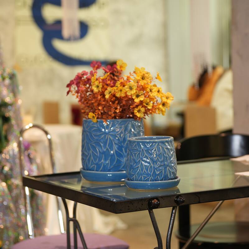 Set of 2 Handmade Modern Embossed Leaf Ceramic Planters with Saucers