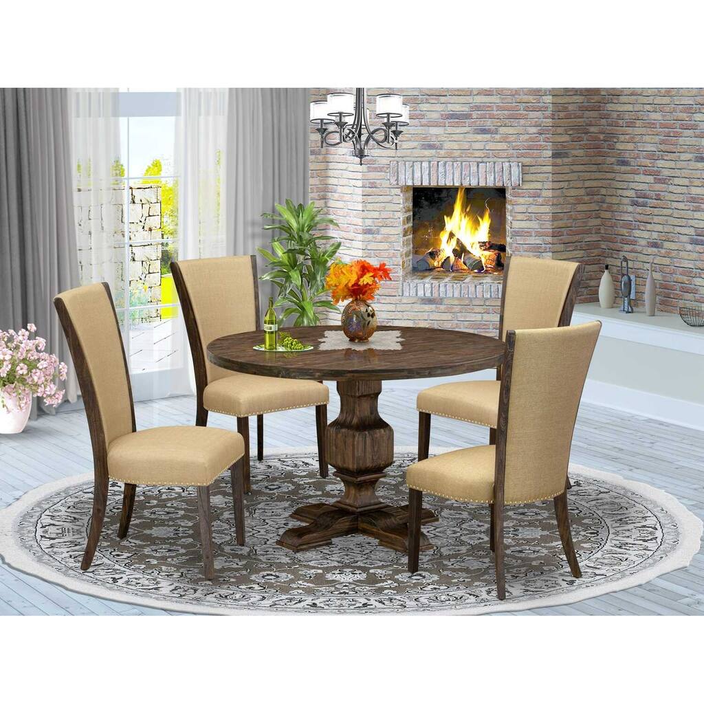 HomeStock 5-Piece Distressed Jacobean Finish Solid Wood Top Dining Table with 4 Parson Chair