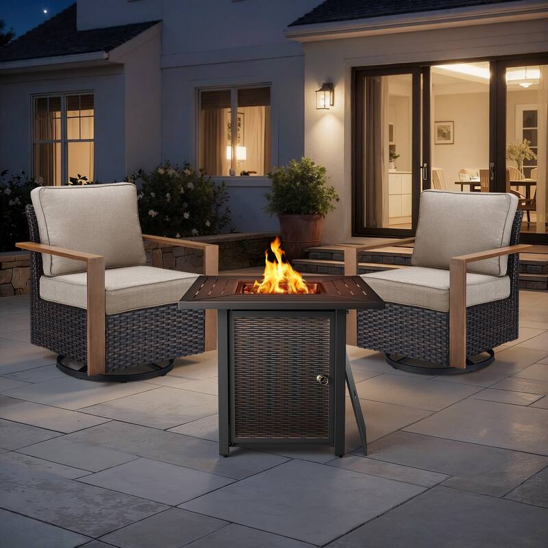 Meyreso 3-Piece Wicker Swivel Glider Metal Fire Pit Set with Plush 4.5" Olefin Cushions - Brown Wicker - Beige Cushions