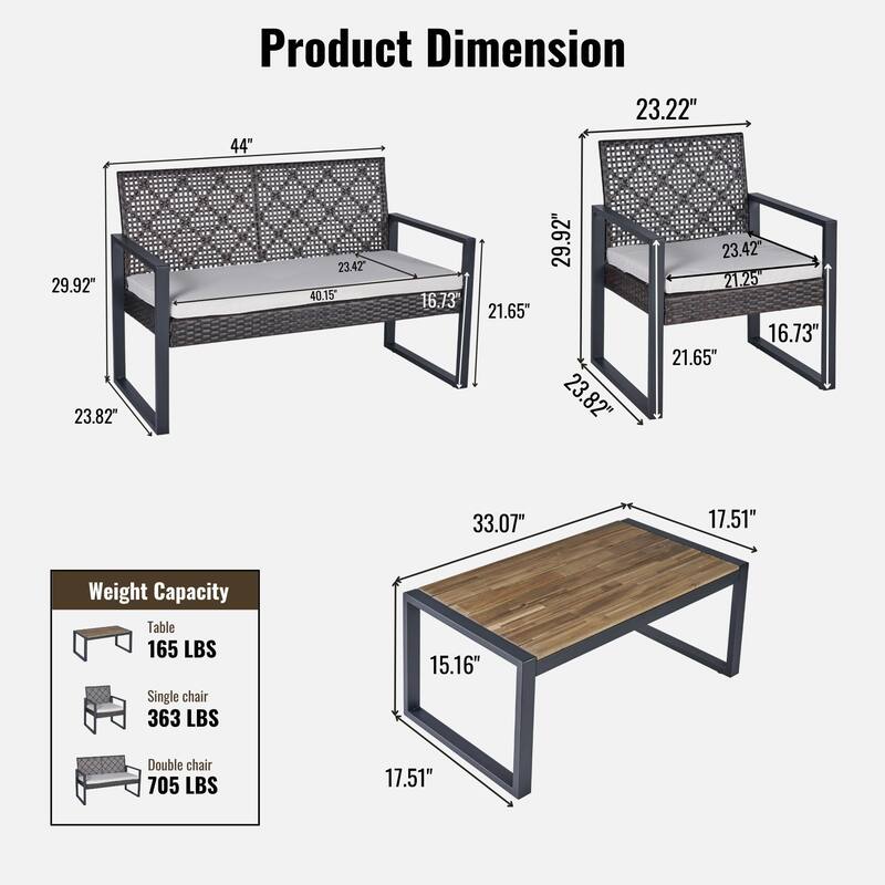 4-Piece Outdoor Patio Set with Double and Single Chairs, Acacia Wood Table, Durable PE Rattan Frame, Waterproof Cushions