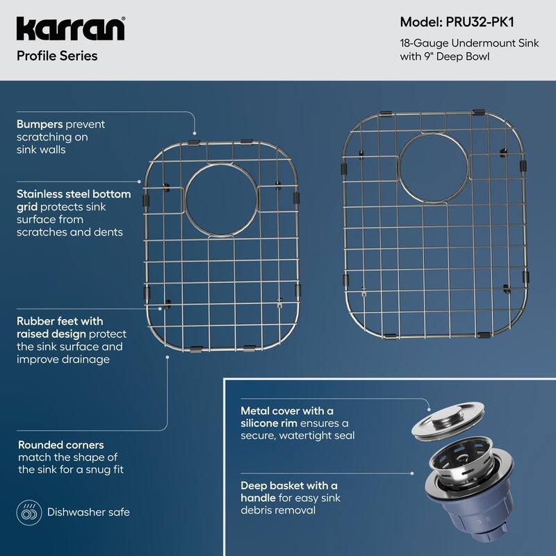 Karran Profile 32” Undermount 18 Gauge Low Divider Double Bowl Stainless Steel Kitchen Sink with Accessories