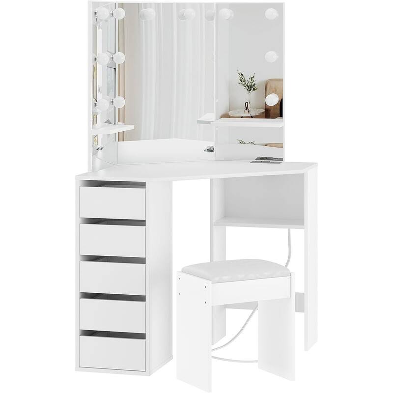 Vanity Desk with Mirror and Lights, Corner Makeup Vanity Desk