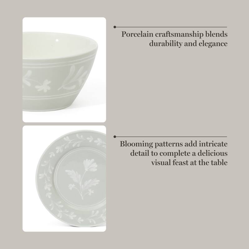 Martha Stewart Maiden Crown 12-Piece Dinnerware Set - Vegan Bone China Ceramic Plates & Bowls - Floral Design - Service for 4