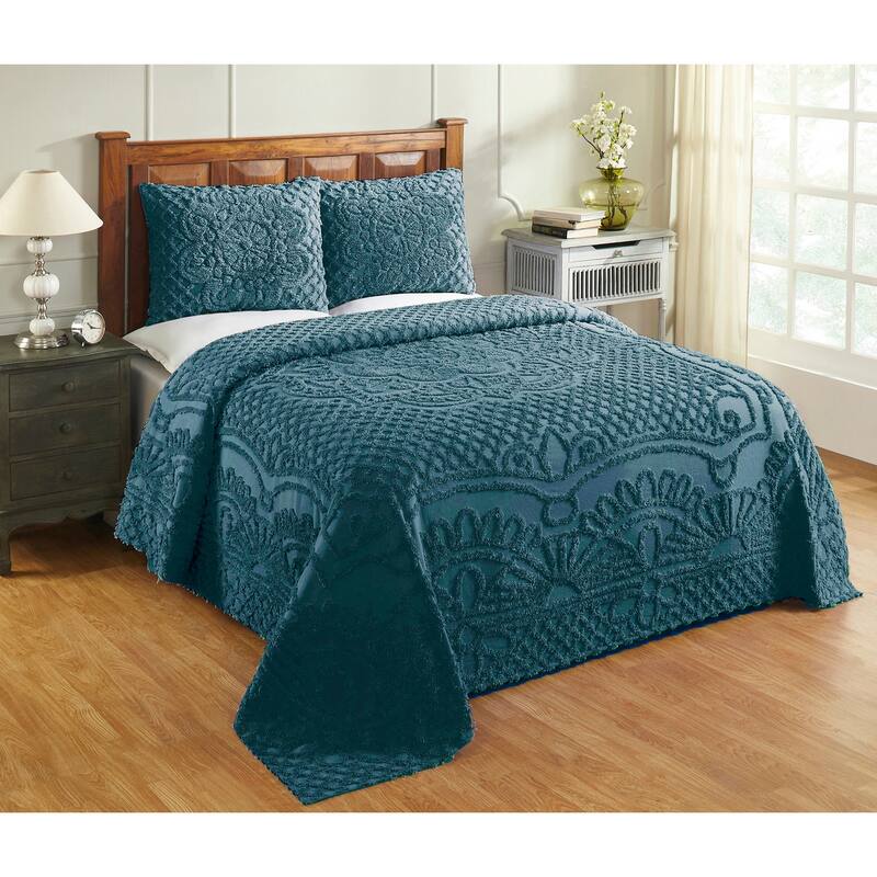 King Wedding Ring Tufted Chenille Bedspread - Blue