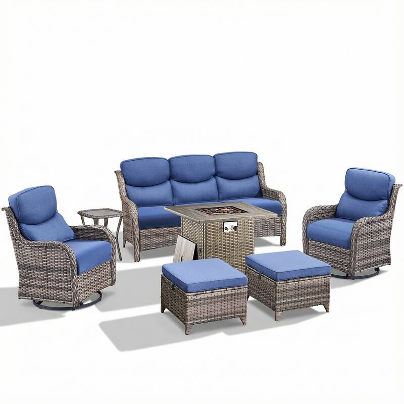 Pocassy Outdoor Propane Fire Pit Table with Sofa Swivel Chair Funiture Set.