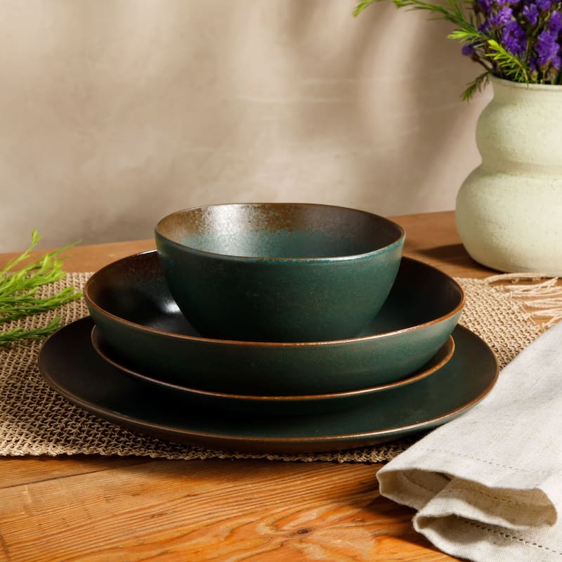 Bloomhouse Palermo Sun 16 Piece Double Bowl Stoneware Reactive Glaze Plates and Bowls Dinnerware Set - Blue