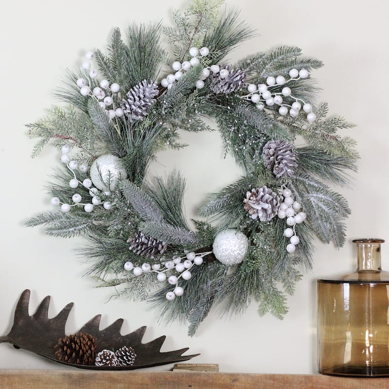 Frosted Mixed Pine Pine Cone Artificial Christmas Wreath, 24", Unlit