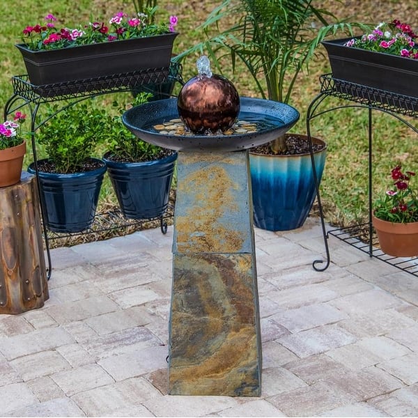 slide 2 of 10, Pontus Slate, ORB and Copper Ball Finish Outdoor Floor Fountain