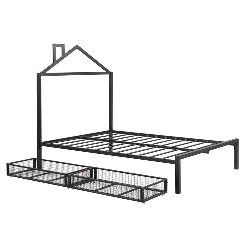 Full Size Metal Platform Bed with Two Drawers and House-Shaped Headboard