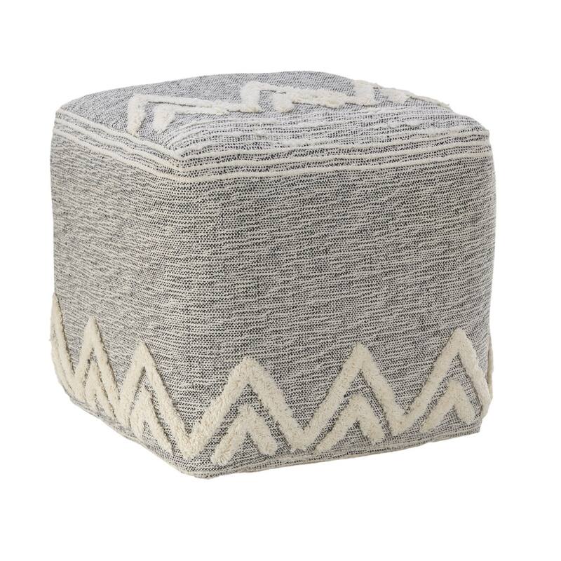 16" Modern Grey Pouf Ottoman with Abstract Pattern and Upholstered Floor Seat Footrest and Decor