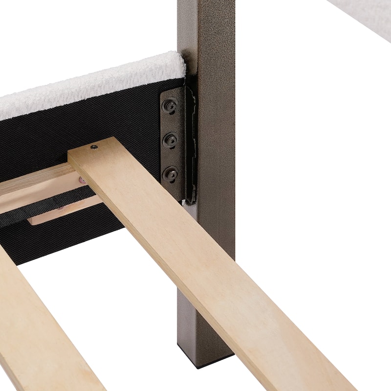 Boucle Upholstered Canopy Bed/ Metal Platform Bed Four-Poster Bed Frame