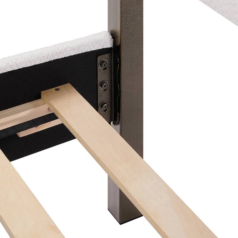 Metal Canopy Bed Frame with Upholstered Headboard & Copper 4 Poster/Wood Slats Support/No Box Spring Needed/Easy Assembly/White